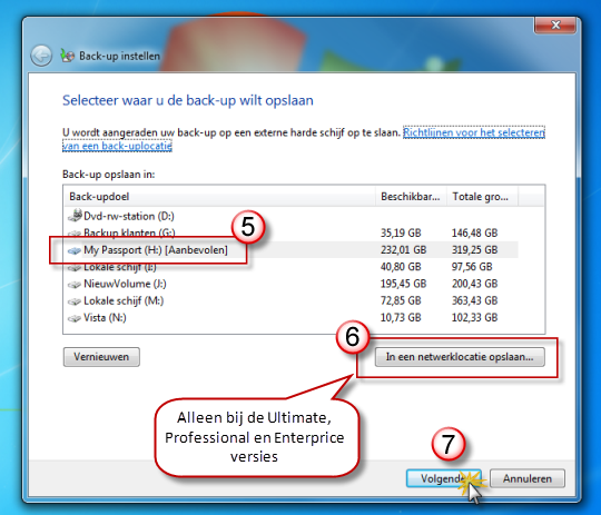 Selecteer de plek van de back-up