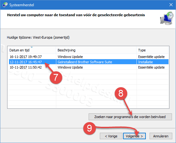 herstelpunt selecteren windows 10
